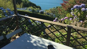 Una terraza con vistas a un lago, rodeada de abundante vegetación y plantas en flor.