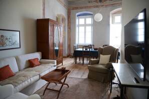 Smart TV, fireplace, DVD player, books