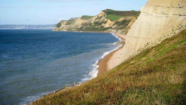 A coastal landscape with a sandy beach, grassy cliffs, and a clear view of the ocean.