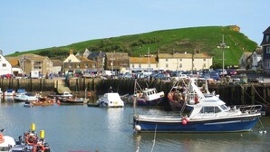 A harbor with boats docked, a church, and buildings along the waterfront.