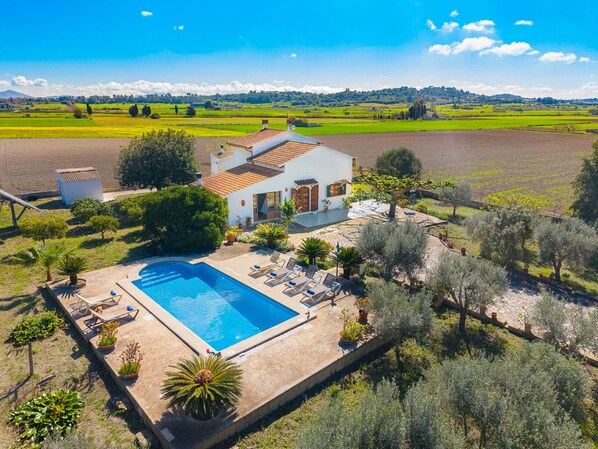 A white villa with a swimming pool, surrounded by olive trees and a large green field.