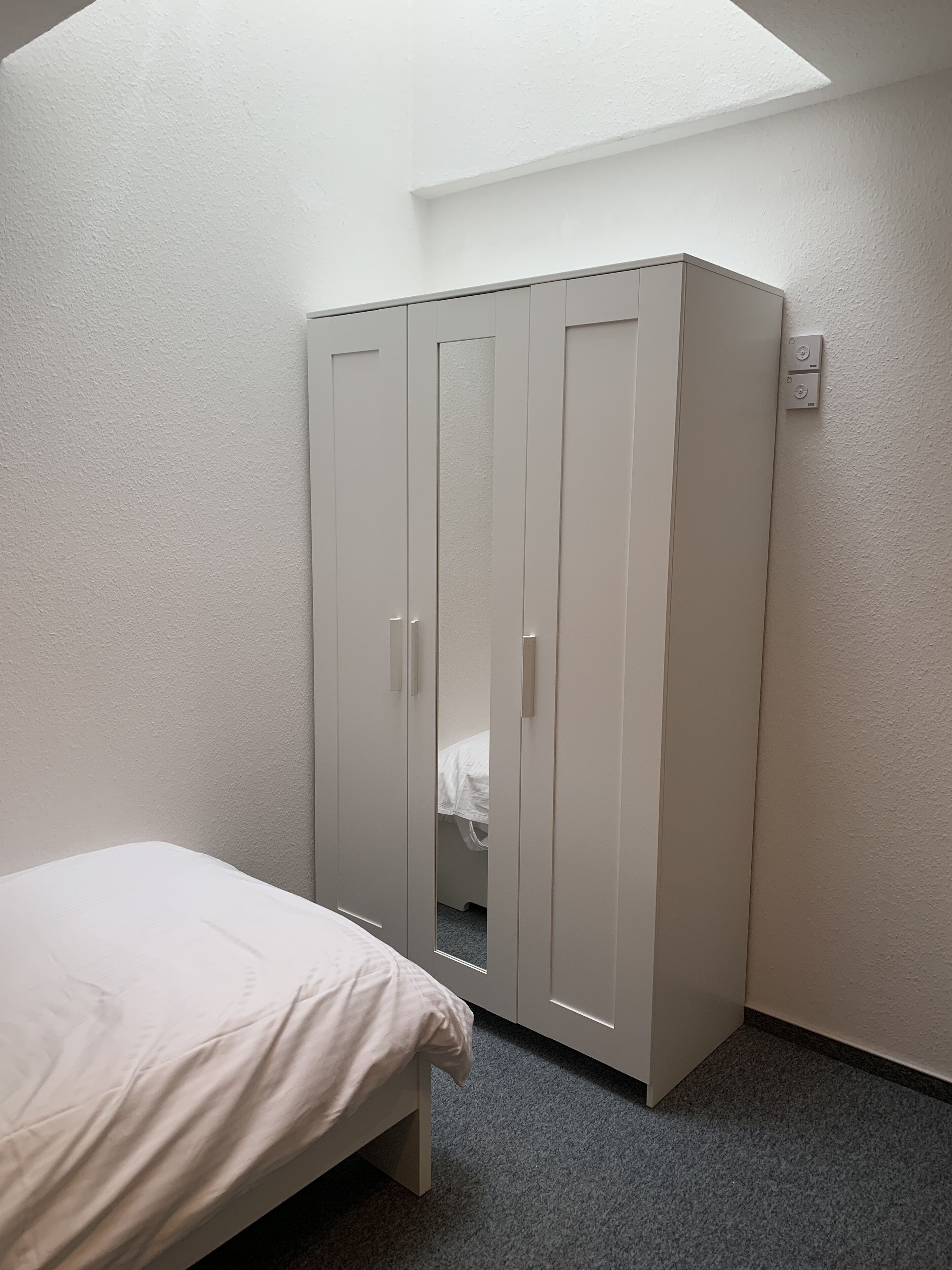 A bedroom with a bed, a wardrobe, and a skylight.