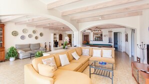 Ein geräumiges Wohnzimmer mit einer großen Couch, einem Couchtisch und einem Billardtisch. An der Wand hängen dekorative Teller und es steht eine Zimmerpflanze im Topf.