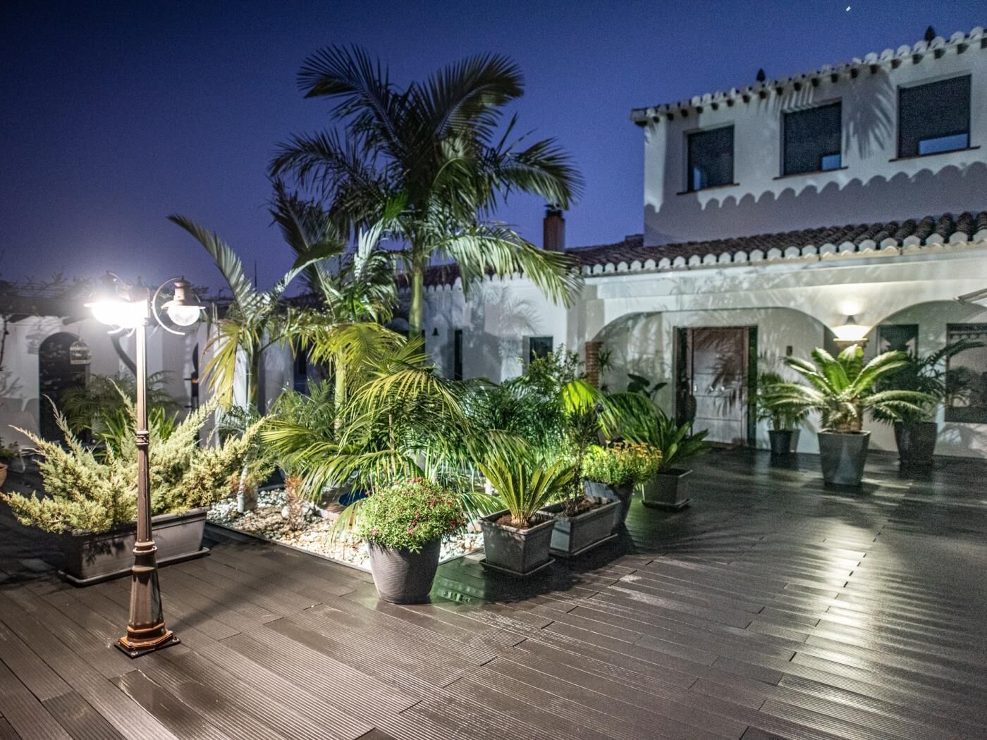 An outdoor courtyard with potted plants and a street lamp.