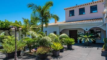 A courtyard with potted plants, a lamp post, and a building with a tiled roof and arches.