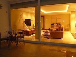 Una televisión, una chimenea, un reproductor de DVD, libros
