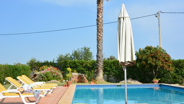 A swimming pool with lounge chairs and umbrellas, surrounded by greenery and a palm tree. - Villa with Private Swimming Pool / WI-Fi / Pet friendly (8700-176 Olhao)