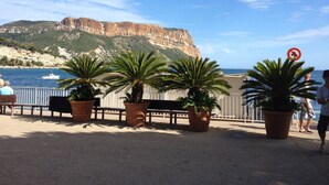 A coastal promenade with potted palm trees, a view of cliffs, and a boat on the water. - Apartment/ flat - Cassis (Cassis)
