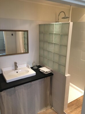 Une salle de bain moderne avec un lavabo blanc, une douche en verre et un miroir au-dessus du lavabo.
