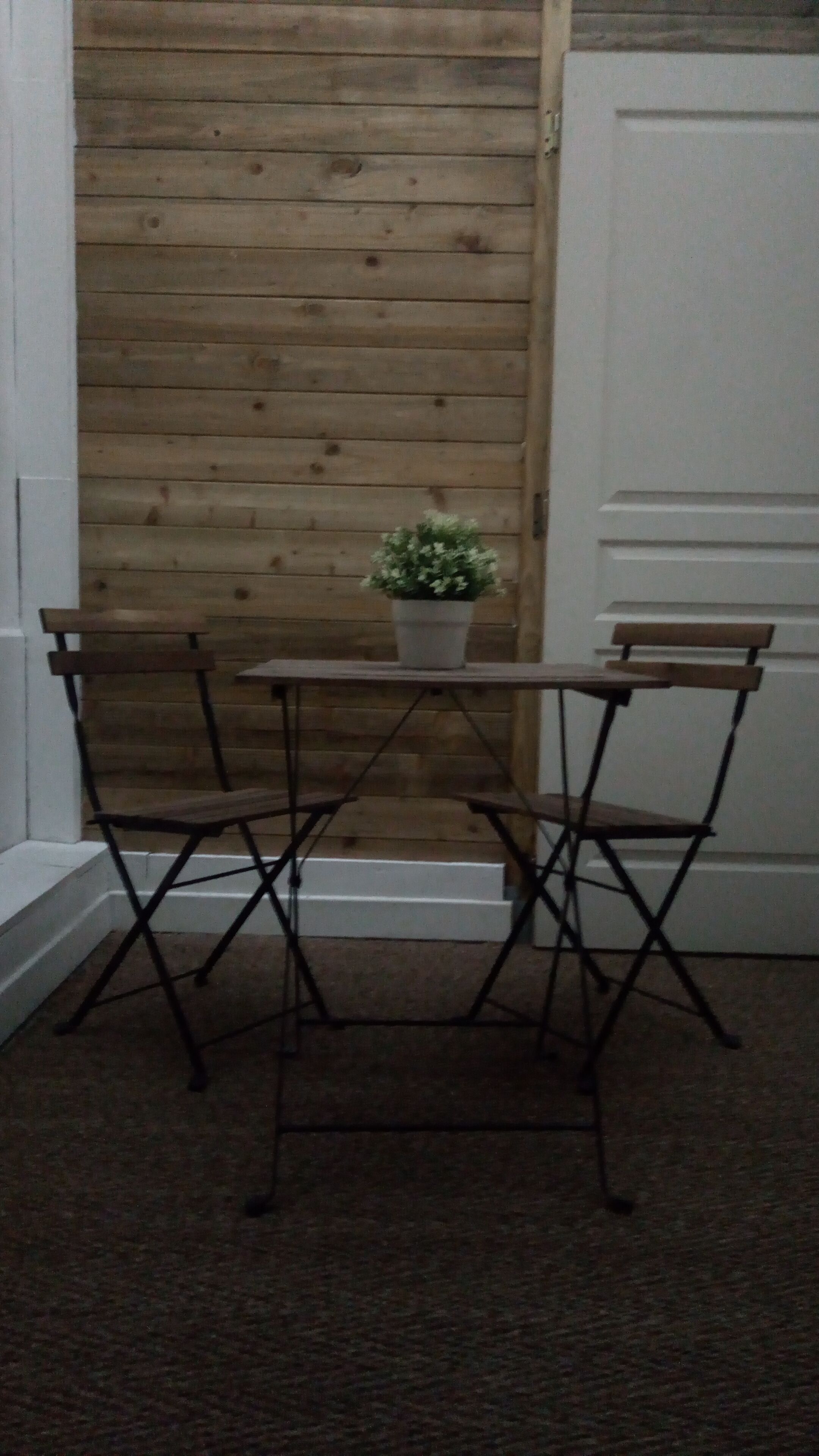 Een kleine, afgesloten kamer met een houten wand, een witte deur en een tafeltje met twee stoelen. Op tafel staat een potplant.
