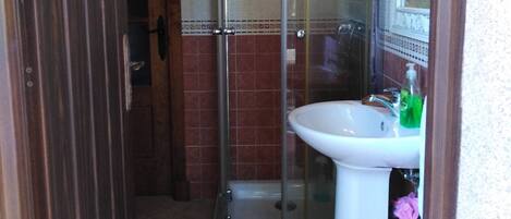 A bathroom with a glass shower enclosure, a white sink, and a mirror.