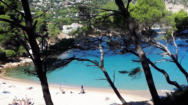 A beach with clear blue water, people sunbathing, and buildings in the background. - Loft in Aiguablava beach. Costa Brava. With private garden and sea views. (Begur)