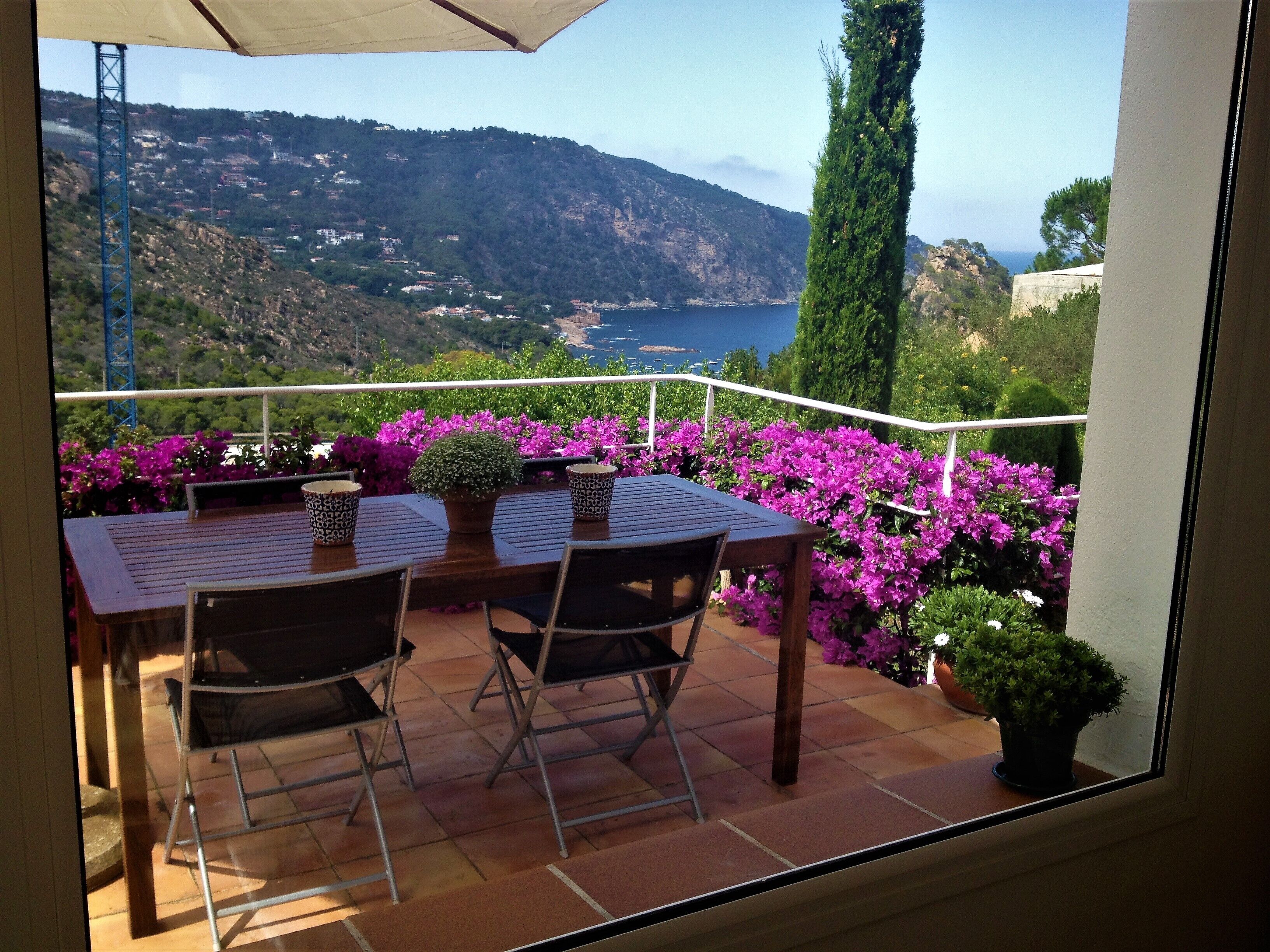 A patio with a table and chairs, surrounded by potted plants and flowers, overlooking a coastal landscape with hills and a body of water.