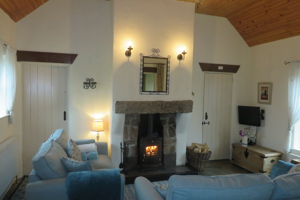 Living room with vaulted ceiling and wood burner in stone fireplace