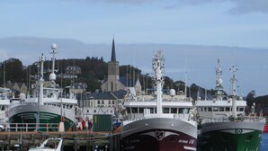 A harbor with multiple boats docked, a church with a tall steeple, and a residential area in the background. - Mullaghduff Thatched Cottage on the Wild Atlantic Way, near Kincasslagh, Donegal (Annagry)
