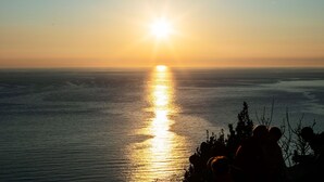Un coucher de soleil sur une mer calme, avec en premier plan la silhouette de personnes et de la végétation.