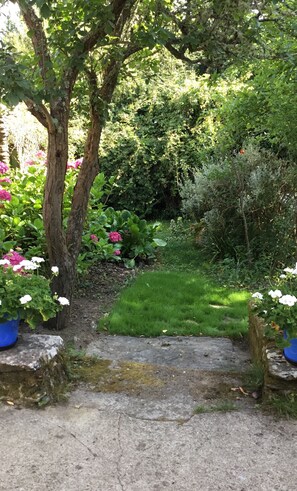 A garden with a stone pathway leading through lush greenery and flowering plants. - houses / villas - 3 rooms - 4 persons (Groix)