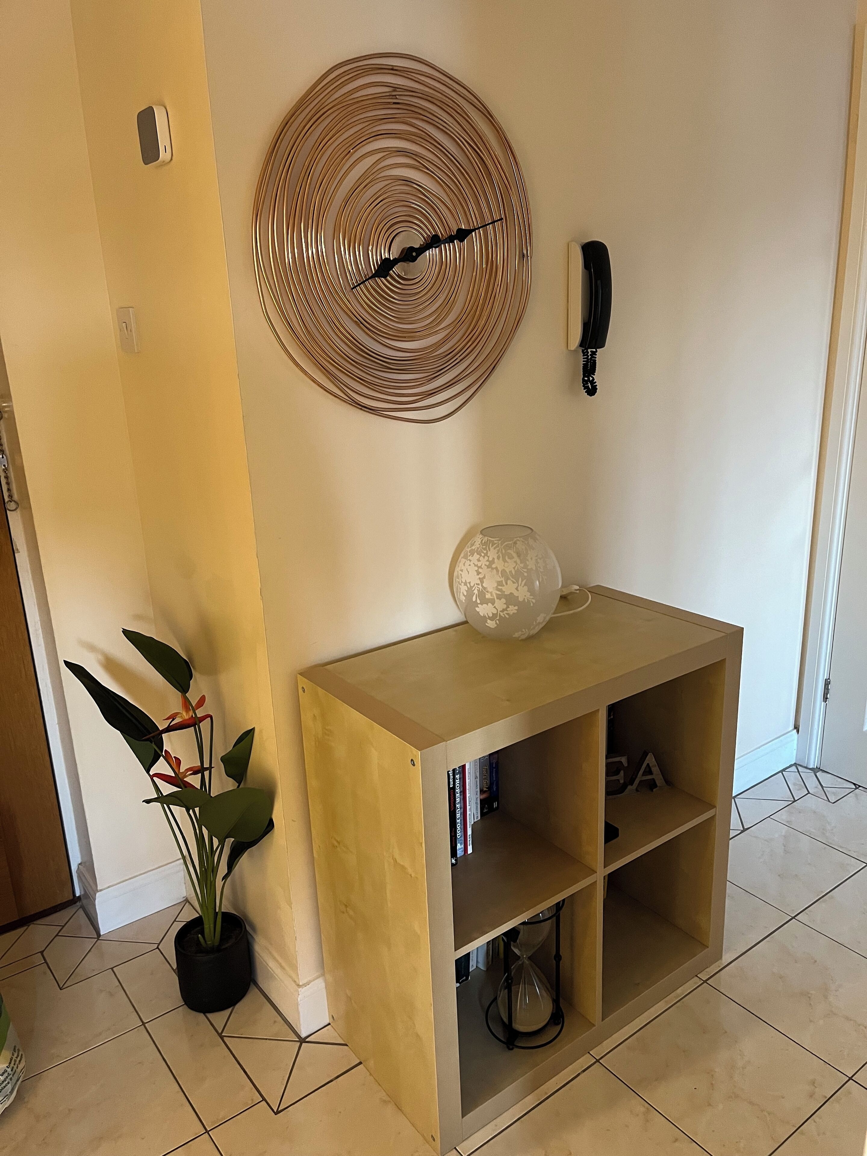 Un couloir avec une console de couleur beige, un élément décoratif mural, un téléphone fixé au mur et une plante en pot.