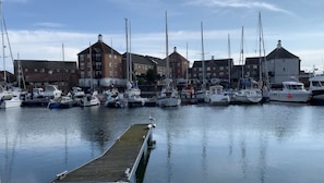 Una marina con varias embarcaciones amarradas, un muelle de madera y edificios residenciales al fondo.