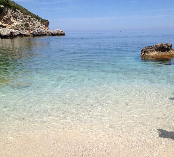 On the beach, sun-loungers, beach towels