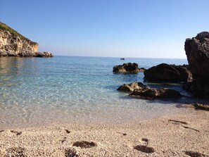 On the beach, sun loungers, beach towels