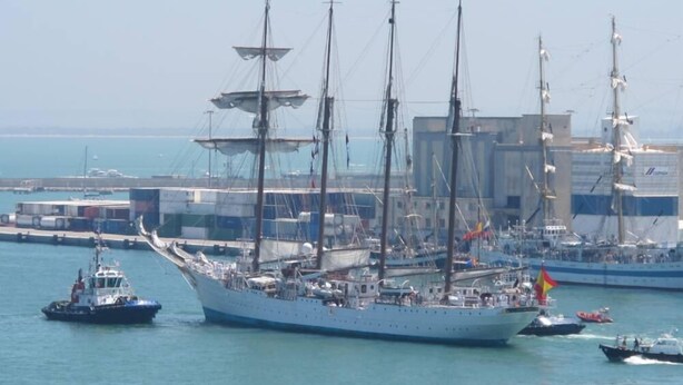 Un grand voilier était amarré dans une marina, non loin de laquelle se trouvaient plusieurs petits bateaux.