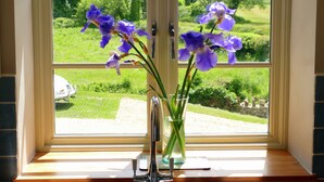 A kitchen with a double sink and a window with a view of a garden. - Peaceful, scenic,cosy cottage near Wells and Frome (Oakhill)