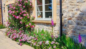 A stone building with a window and a flower box with pink flowers. - Peaceful, scenic,cosy cottage near Wells and Frome (Oakhill)