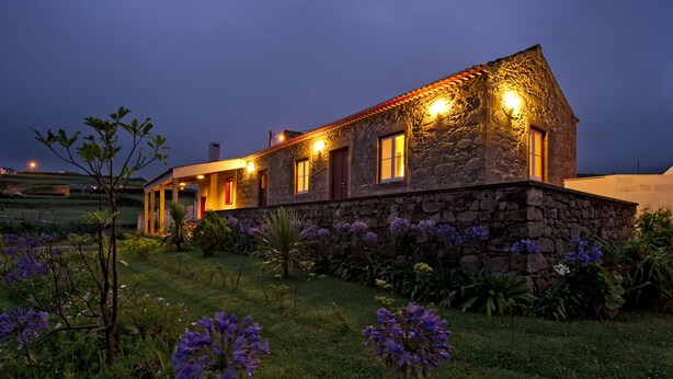 Une maison en pierre avec un toit de chaume, illuminée par des lumières chaleureuses, entourée d’un jardin bien entretenu où fleurissent des plantes aux couleurs violettes.