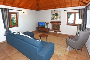 Ein Wohnzimmer mit blauem Sofa, grauem Sessel, Fernseher, Kamin und einem Fenster mit Vorhängen.