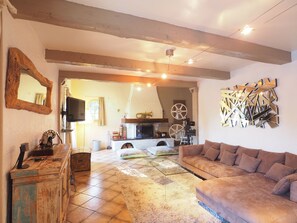 Télévision, cheminée, jeux vidéo, lecteur de DVD