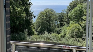 A view through a window with a no-smoking sign, dense greenery, and a distant body of water. - PRISTINE APARTMENT, 4 MIN WALK TO PRIVATE BEACH, STUNNING SEA VIEWS. (Duporth)