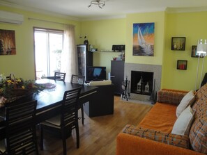 Smart TV, lareira, DVD player, livros