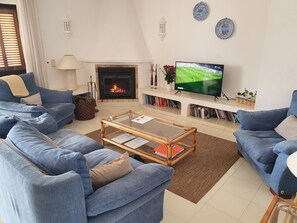 Smart-TV, Kamin, DVD-Player, Bücher