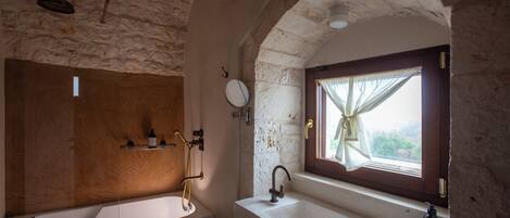 Combined shower/tub, hair dryer, towels, soap