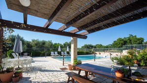 Un espace extérieur aménagé avec une terrasse, une piscine, des sièges et des plantes en pot.