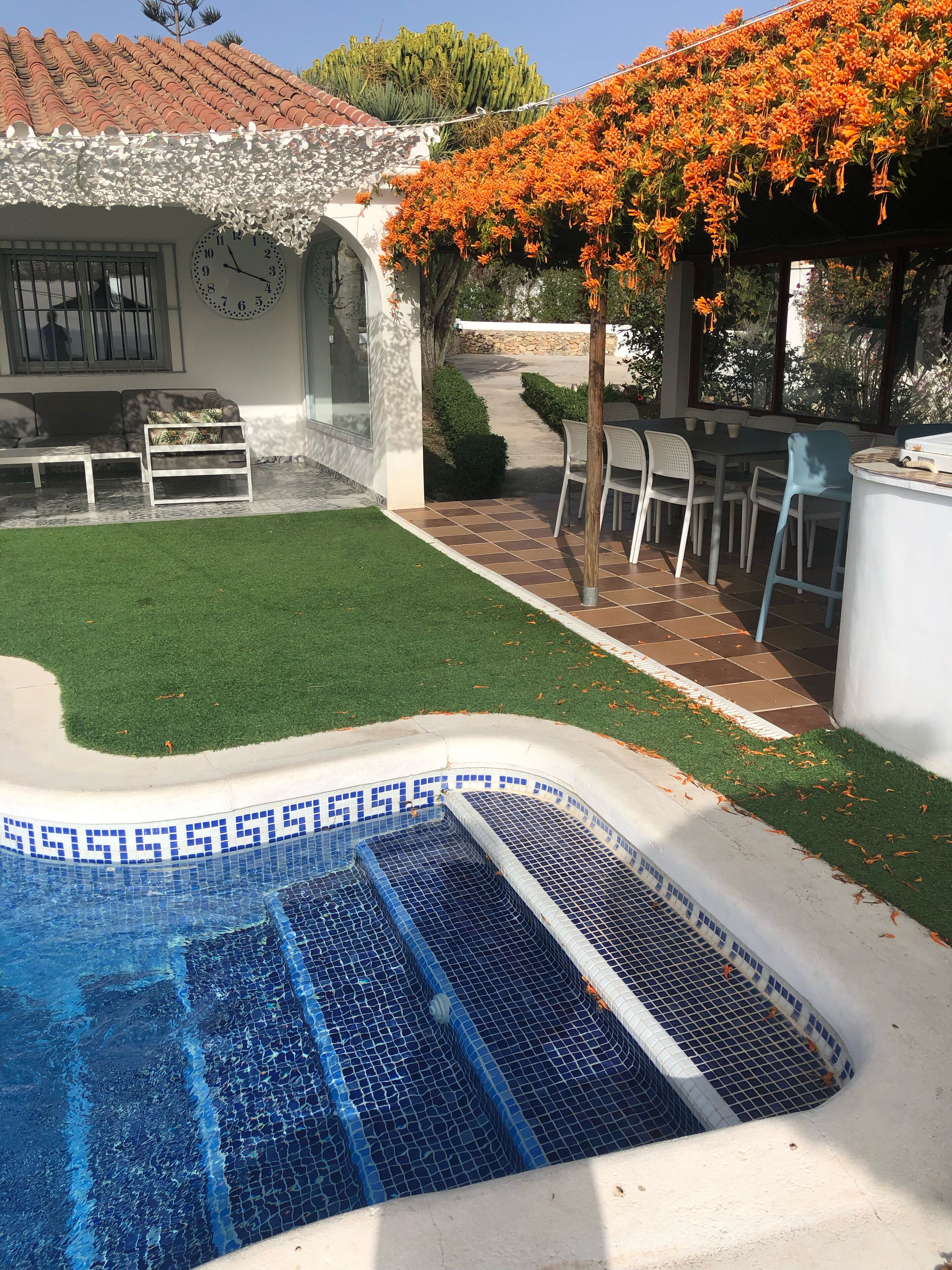 Ein Schwimmbecken mit blauem Mosaikfliesenmuster, eine Terrasse mit Sitzgelegenheiten im Freien und ein Garten mit orangefarbenen Blüten.