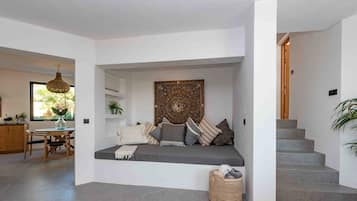 Smart-TV, peis, bøker og filmbibliotek