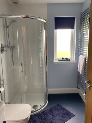 A bathroom with a glass shower enclosure, a toilet, a window with a view, and a towel rack. - Modern Rural Cottage for 2-6 people (Keith)