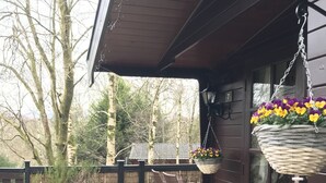 A wooden deck with potted plants and wicker chairs. - Lake District Log Cabin (Troutbeck Bridge)