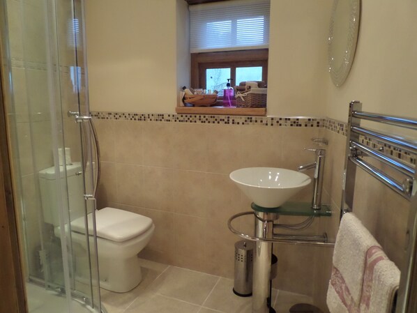 A bathroom with a glass shower enclosure, a white toilet, a glass sink, and a towel rack. - Charming Character Cottage in Picturesque Village 5 * rated. (Newton Abbot)