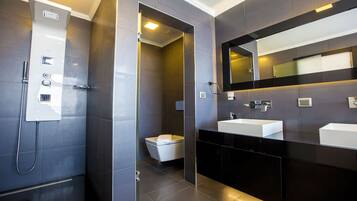 Shower, jetted tub, hair dryer, towels