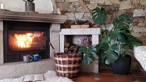 A stone fireplace with a fire, a basket, and a potted plant. - House 7 minutes walk from the beach with garden and pool (La Coruña)
