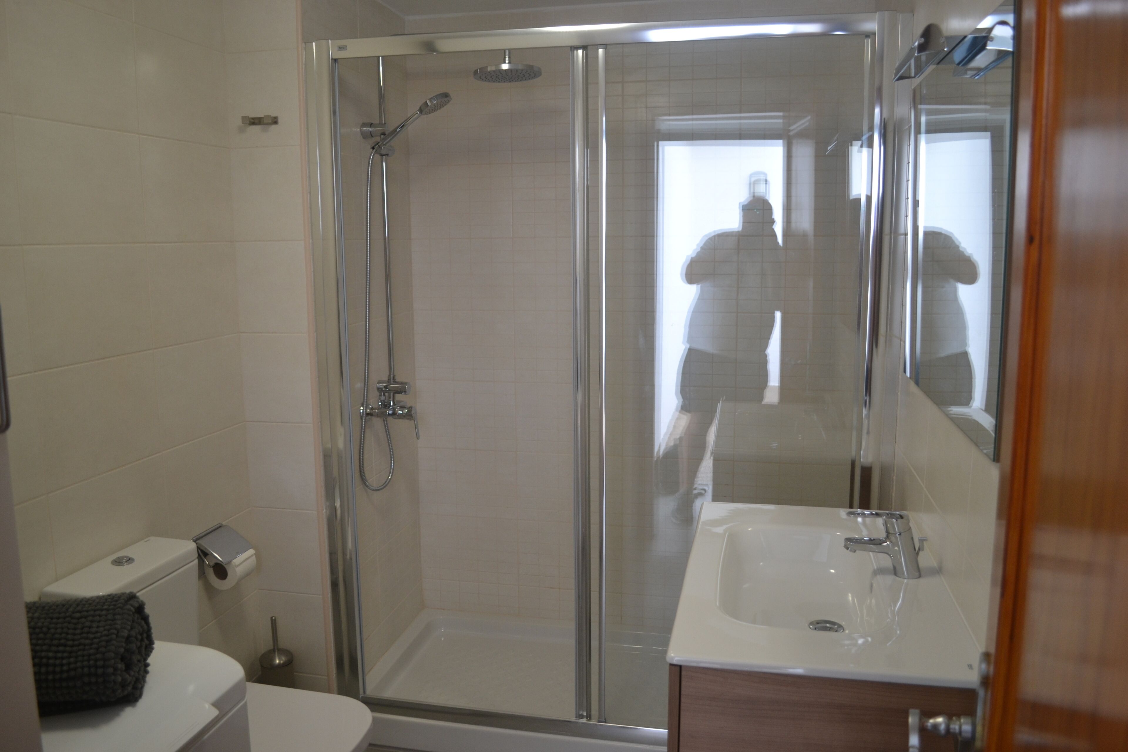 A bathroom with a glass-enclosed shower, a white sink, and a toilet.