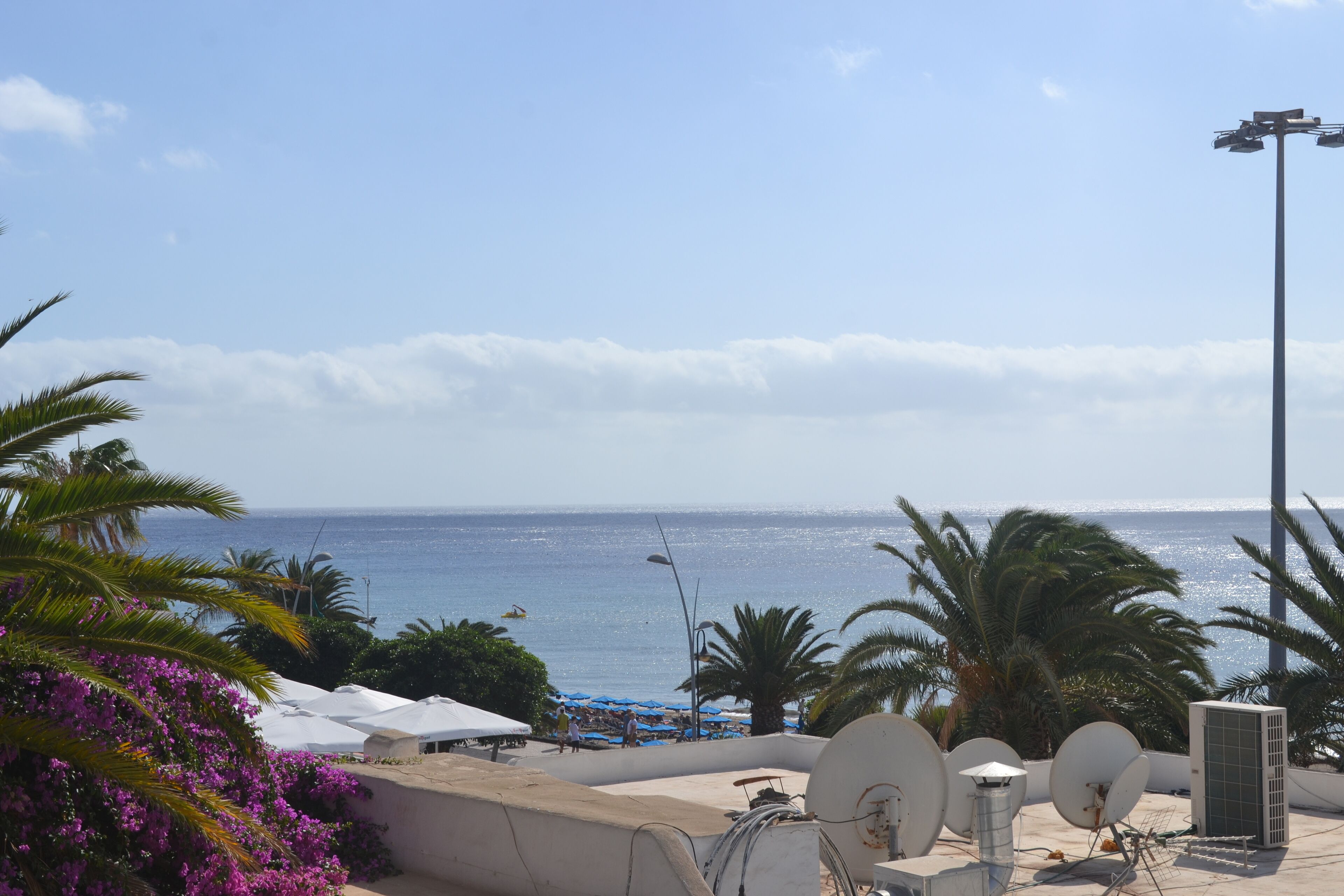 Vista mare con spiaggia, palme e un edificio dotato di antenne paraboliche.
