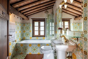 Bañera con ducha, secador de pelo, toallas, jabón
