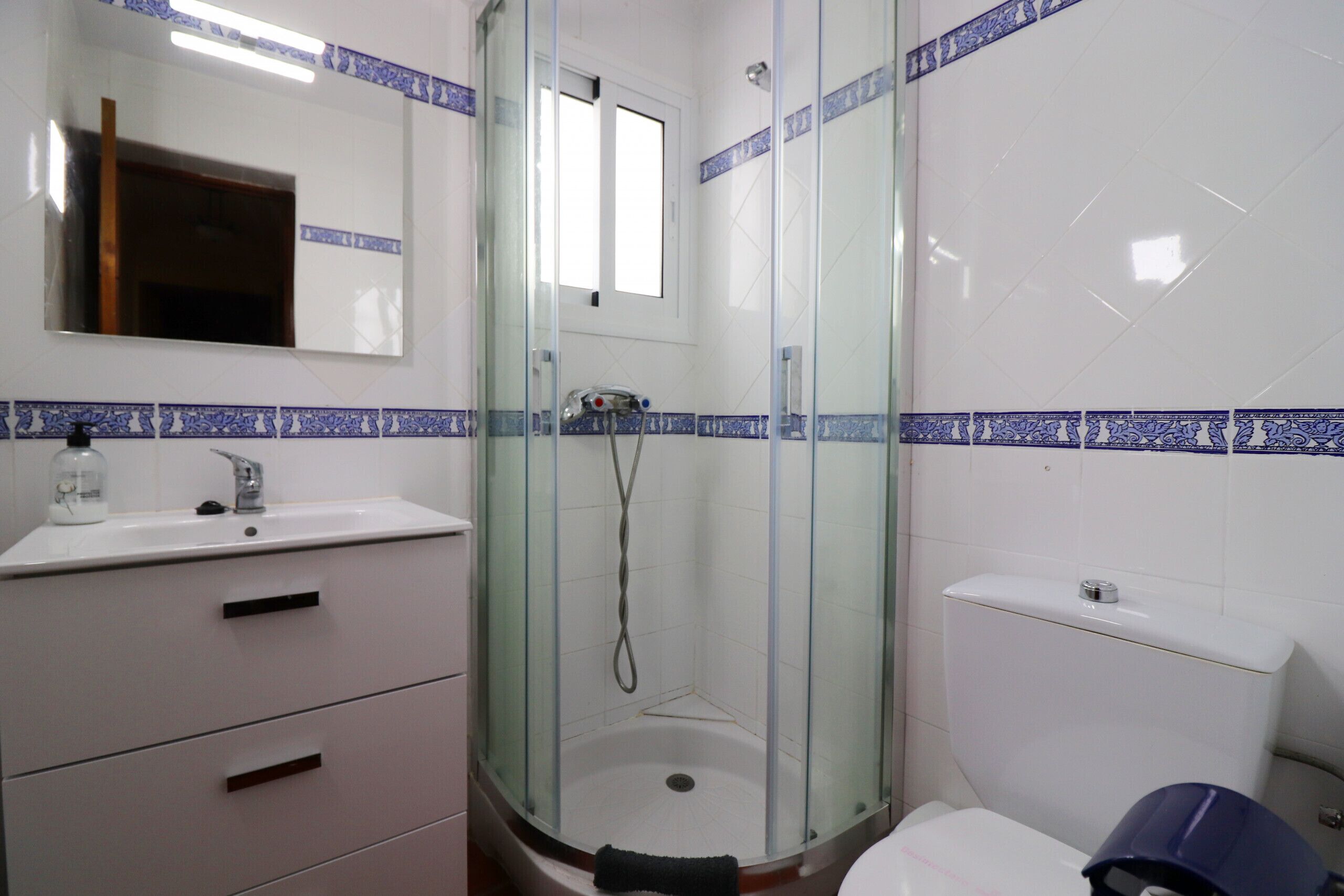 A bathroom with a glass-enclosed shower, a sink with a mirror above it, and a toilet.
