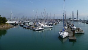 A marina with numerous boats docked, a pier, and a city skyline in the background.
