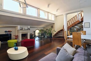 TV connectée, cheminée, lecteur de DVD, livres