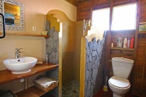Shower, hair dryer, towels, toilet paper